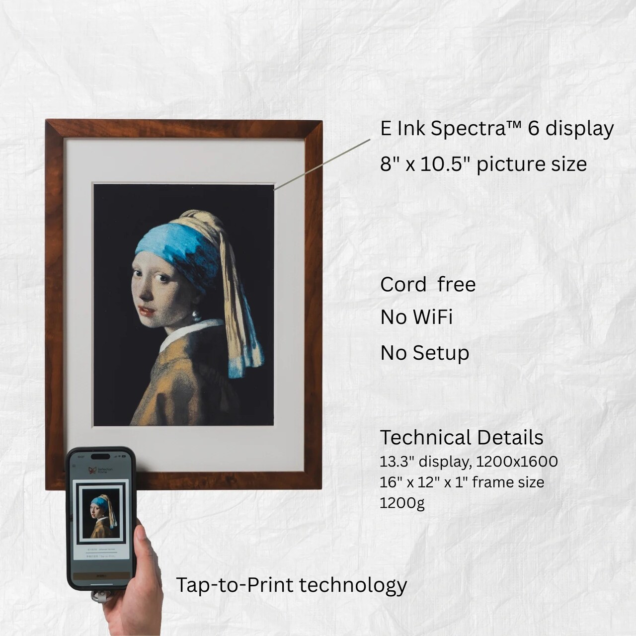 Reflection Frame 13.3 Inch ePaper Display Cordless e-ink Digital Photo Frame, Tap-to-Print Technology, Wall Art Frame for Any Place and Everyone